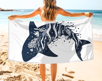 Shark Beach Towel, Cruise Travel Oversized Towel, Ocean Themed Towel, Poolside and Beach Lovers Gift, Navy Blue Large Towel for Pool Parties