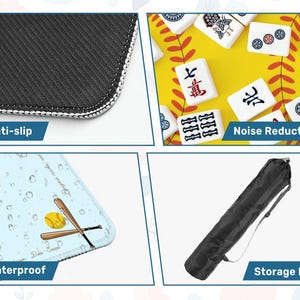May include: A multi-panel image showcasing a gaming mat with a baseball theme, featuring a baseball and bats design, and a black storage bag. The mat is labeled as anti-slip and waterproof, with noise reduction features.