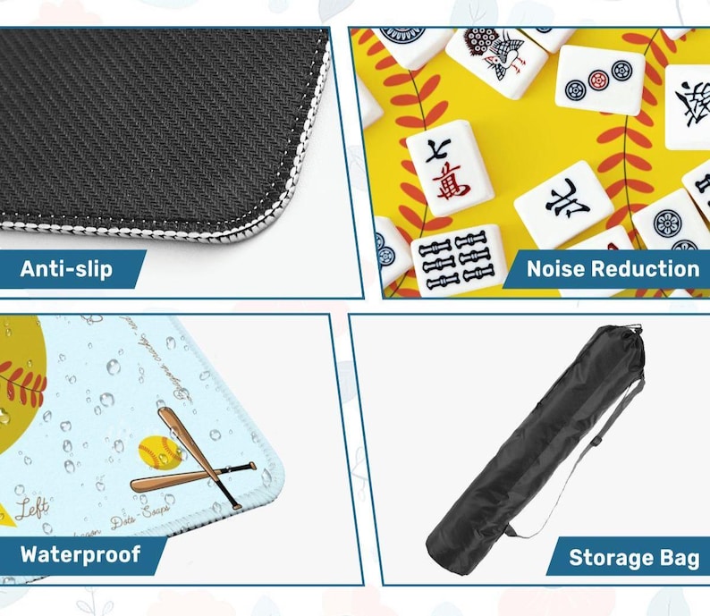 May include: A multi-panel image showcasing a gaming mat with a baseball theme, featuring a baseball and bats design, and a black storage bag. The mat is labeled as anti-slip and waterproof, with noise reduction features.