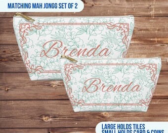Mint and Coral Custom Mah Jongg Set, Personalized Tiles Pouch and Matching Case for Card and Coins,