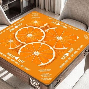 K&ouml;nnte beinhalten: Eine orangefarbene Tischdecke mit einem Design aus Orangenscheiben. Die Decke tr&auml;gt die Aufschrift "PLAY RIGHT" und "WALLS LEFT". Die Tischdecke liegt auf einem Holztisch.