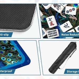 Puede incluir: Un tapete de mahjong con patr&oacute;n de plumas de pavo real, base de goma negra antideslizante, superficie reductora de ruido, material impermeable y una bolsa de almacenamiento cil&iacute;ndrica negra con correa para el hombro y transporte.