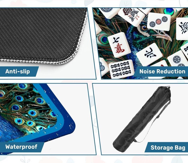 Puede incluir: Un tapete de mahjong con patr&oacute;n de plumas de pavo real, base de goma negra antideslizante, superficie reductora de ruido, material impermeable y una bolsa de almacenamiento cil&iacute;ndrica negra con correa para el hombro y transporte.