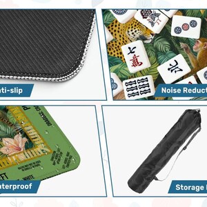 May include: A black and white anti-slip mat with a white border. The image also shows a waterproof mat with text, a black storage bag, and mahjong tiles with animal and botanical designs. The text says "Noise Reduction".