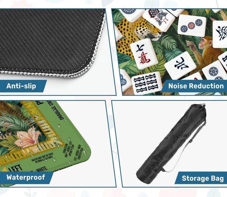 May include: A black and white anti-slip mat with a white border. The image also shows a waterproof mat with text, a black storage bag, and mahjong tiles with animal and botanical designs. The text says "Noise Reduction".