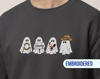 Western Ghosts Embroidered Sweatshirt, Crewneck Halloween Cute Ghosts, Spooky Season Gift for Men or Women