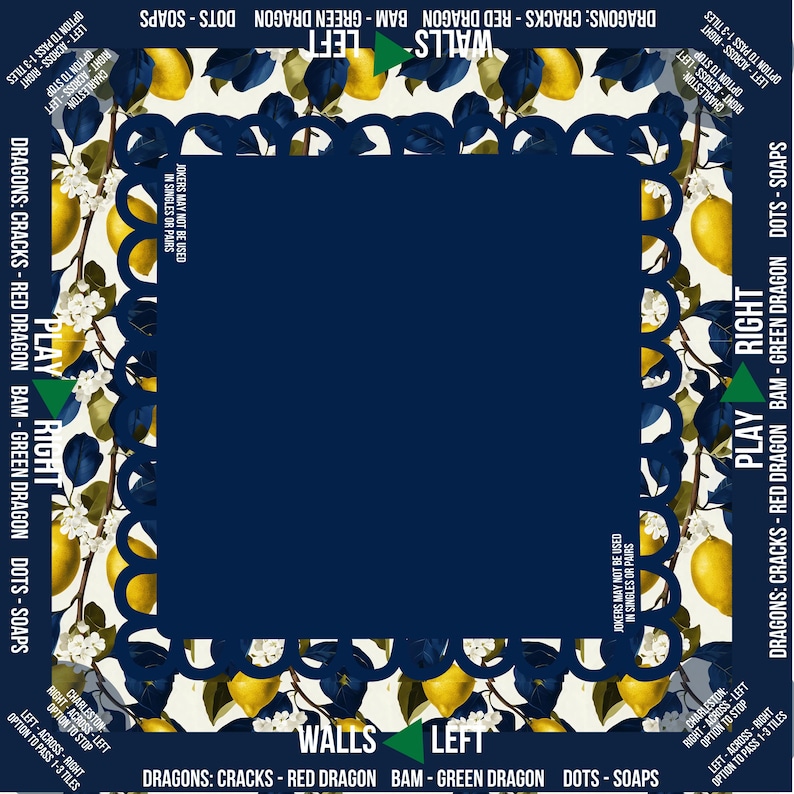 May include: A square, navy blue decorative fabric with a white and yellow floral border featuring lemons and leaves. The border includes text such as "Dragons: Cracks - Red Dragon" and "Walls Left".