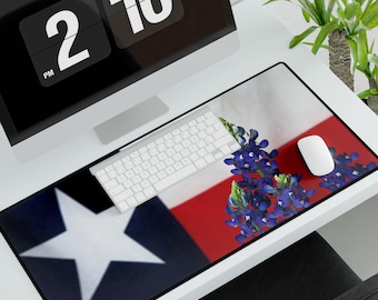 Desk Mat Texas Flag and Bluebonnets, Texan Work From Home Office Gift, Remote Worker or Gamer Western Style Table Pad