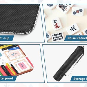 May include: A close-up of a black anti-slip surface with white stitching. The image also shows white mahjong tiles, a waterproof surface with book illustrations, and a black storage bag. The text in the image says "Anti-slip", "Noise Reduction", "Waterproof", and "Storage Bag".