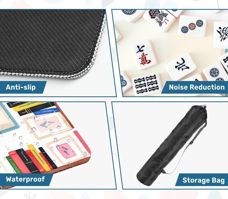 May include: A close-up of a black anti-slip surface with white stitching. The image also shows white mahjong tiles, a waterproof surface with book illustrations, and a black storage bag. The text in the image says "Anti-slip", "Noise Reduction", "Waterproof", and "Storage Bag".