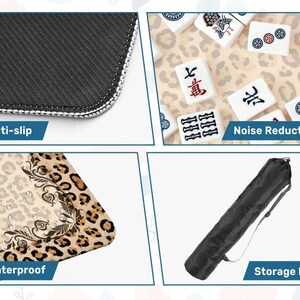Pode incluir: Uma vista de perto de uma superf&iacute;cie antiderrapante preta com costura branca. A imagem tamb&eacute;m mostra uma superf&iacute;cie com estampa de leopardo com gotas de &aacute;gua, um conjunto de pe&ccedil;as de mahjong e uma bolsa de armazenamento preta.