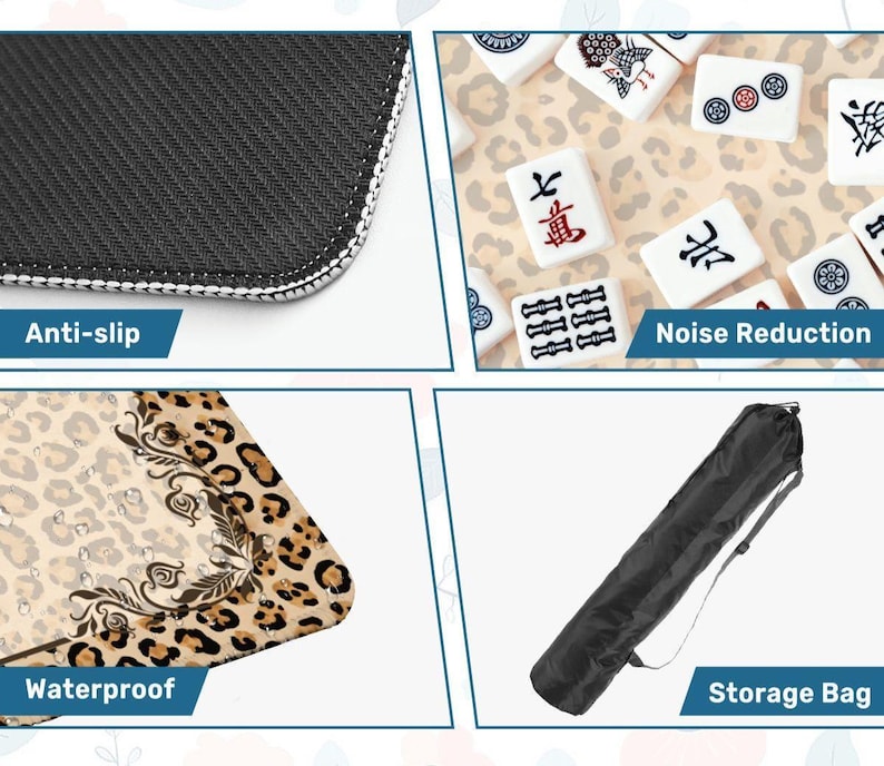 Pode incluir: Uma vista de perto de uma superf&iacute;cie antiderrapante preta com costura branca. A imagem tamb&eacute;m mostra uma superf&iacute;cie com estampa de leopardo com gotas de &aacute;gua, um conjunto de pe&ccedil;as de mahjong e uma bolsa de armazenamento preta.