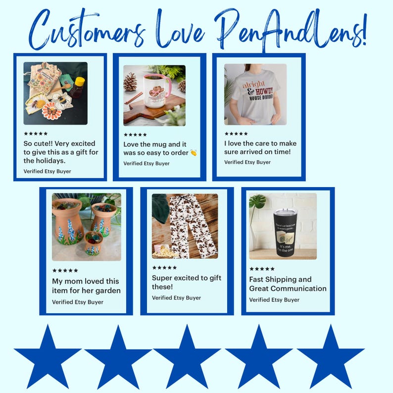Puede incluir: Un collage de seis rese&ntilde;as de clientes para PenAndLens que muestra varios productos, incluyendo un set de regalo, una taza, una camiseta con texto, tres macetas de terracota pintadas, leggings estampados y un vaso negro con texto, bajo cinco estrellas azules.