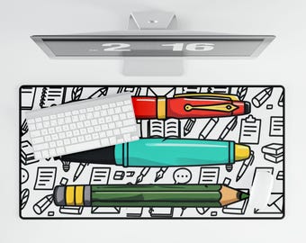 Colorful Writer Desk Mat with Pens and Pencils, Book Lover Office Decor, Large Mouse Pad for Readers, Teachers, Students, Authors