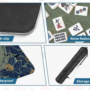 Op de afbeelding: Een close-up van een zwart-wit antislip oppervlak met witte stiksels. De afbeelding toont ook een set Mahjong-tegels, een oppervlak met bloemenpatroon en een zwarte opbergtas. De oppervlakken zijn gelabeld als waterdicht en geluidsreducerend.
