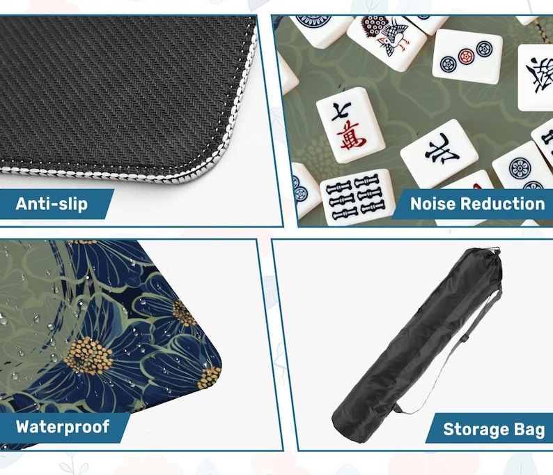 Op de afbeelding: Een close-up van een zwart-wit antislip oppervlak met witte stiksels. De afbeelding toont ook een set Mahjong-tegels, een oppervlak met bloemenpatroon en een zwarte opbergtas. De oppervlakken zijn gelabeld als waterdicht en geluidsreducerend.
