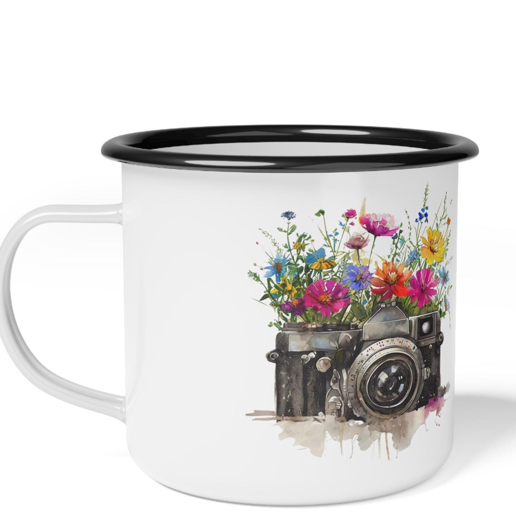 花柄カメラエナメルマグ、水彩画写真家コーヒーカップ、自然愛好家