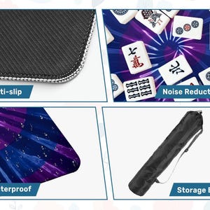May include: A rectangular mahjong mat featuring a purple and blue radial pattern with white mahjong tiles. The mat has a black anti-slip textured underside, a waterproof surface with visible water droplets, and includes a black cylindrical storage bag.