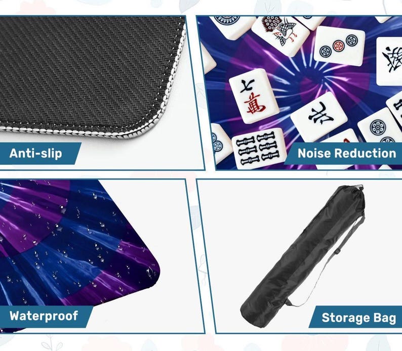 May include: A rectangular mahjong mat featuring a purple and blue radial pattern with white mahjong tiles. The mat has a black anti-slip textured underside, a waterproof surface with visible water droplets, and includes a black cylindrical storage bag.