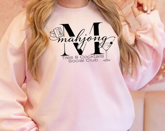 Mahjong Cocktails and Tiles Sweatshirt, Tile Game Lover Custom Name Crewneck, Cozy Social Club Pullover, Mahjongg Player or Host Gift Idea