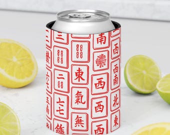 Mah Jongg Red Tiles Can Cooler Sleeve,Standard or Slim  Neoprene Mahjong Drink Holder, Game Night Hostess Gift, Stocking Stuffer Party Favor