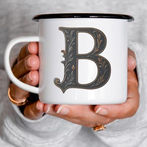 Ornate Metal-look lettering Enameled Mug, Custom Initial Monogram Coffee Cup, Gift for Coffee Lovers, Fathers Day Gift for Manly Coffee Fans