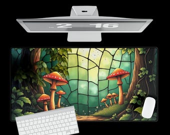Desk MatMushrooms Stained Glass Style, Large Gaming Pad, Forestcore Office Decor, Work From Home Gift, Gamers Forest Scene Custom Mousepad