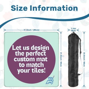 May include: A custom mat design image with size information. The mat is 31.5 inches (80cm) square, with a purple circle and text that reads "Let us design the perfect custom mat to match your tiles!". A black carrying bag is also shown.