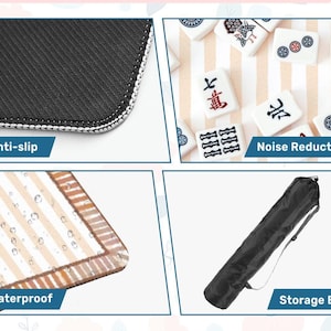 Pu&ograve; includere: Primo piano di una superficie nera antiscivolo con bordo bianco. L'immagine mostra anche un set di tessere Mahjong, una superficie impermeabile con un motivo a strisce e una borsa portaoggetti nera. Il testo "Anti-slip", "Noise Reduction", "Waterproof" e "Storage Bag" &egrave; visibile.