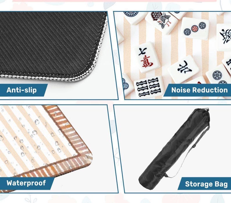Pu&ograve; includere: Primo piano di una superficie nera antiscivolo con bordo bianco. L'immagine mostra anche un set di tessere Mahjong, una superficie impermeabile con un motivo a strisce e una borsa portaoggetti nera. Il testo "Anti-slip", "Noise Reduction", "Waterproof" e "Storage Bag" &egrave; visibile.