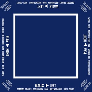 May include: A square dark blue Mah Jongg mat featuring white text and borders. The text includes instructions for play, walls, and Charleston rules, listing categories like Dragons, Cracks, Bam, Green Dragon, Dots, and Soaps around the perimeter.