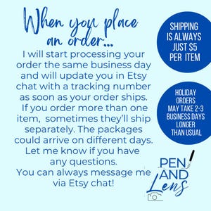 May include: A light blue informational graphic with dark blue text detailing order processing, tracking, and communication policies. Two dark blue circles contain shipping information, and the bottom right features the Pen and Lens logo.