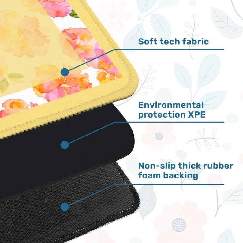 May include: A close-up of a floral mousepad with a yellow border. The mousepad features a soft tech fabric, environmental protection XPE, and a non-slip thick rubber foam backing. The floral design includes pink and yellow flowers.