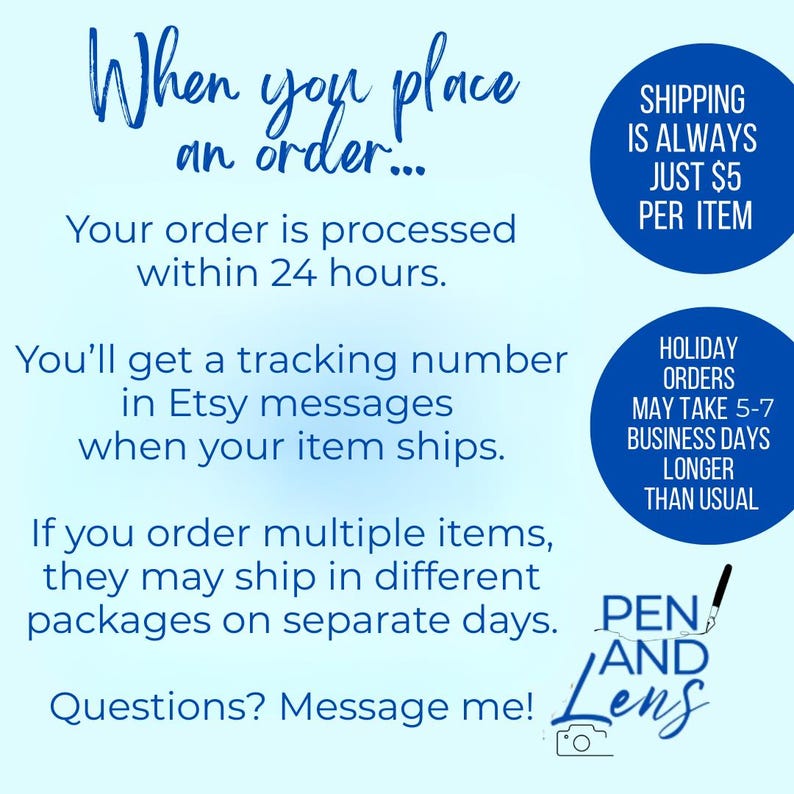 May include: A light blue informational graphic with dark blue text stating: When you place an order... Your order is processed within 24 hours. You will get a tracking number in Etsy messages when your item ships. If you order multiple items, they may ship in different packages on separate days. Questions? Message me! Includes two dark blue circles with shipping details and a Pen and Lens logo with a pen and camera icon.