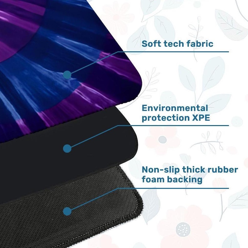 May include: A multi-layered mat featuring a top layer of soft tech fabric with a purple and blue abstract design, a middle layer of environmental protection XPE, and a bottom layer of non-slip thick rubber foam backing with a textured surface.