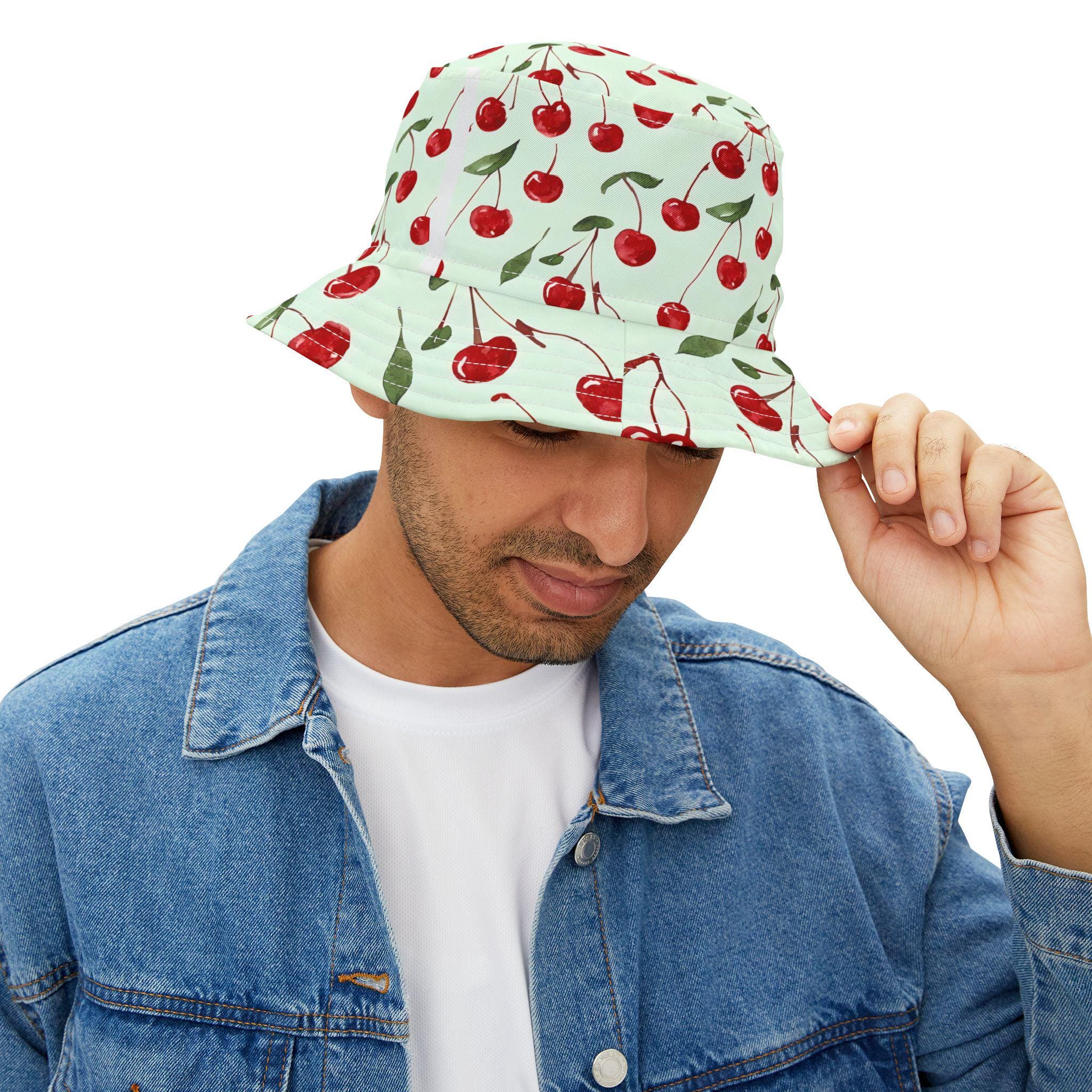 Cherry Bucket Hat, Red Fruit Print Hat, Retro Summer  display picture 2