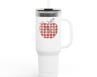 Para Professional Travel Mug, 40oz Gingham Apple Design Tumbler for Paras Teacher Assistants, Gift for Paraprofessionals