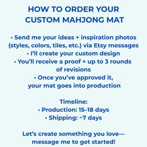 May include: Text on a light blue background reads "HOW TO ORDER YOUR CUSTOM MAHJONG MAT." Instructions include sending ideas, custom design creation, proofing, and production. The timeline shows 15-18 days for production.