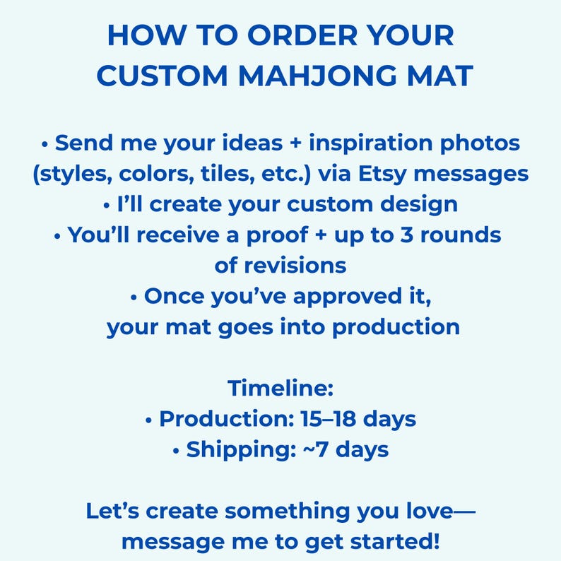 May include: Text on a light blue background reads "HOW TO ORDER YOUR CUSTOM MAHJONG MAT." Instructions include sending ideas, custom design creation, proofing, and production. The timeline shows 15-18 days for production.