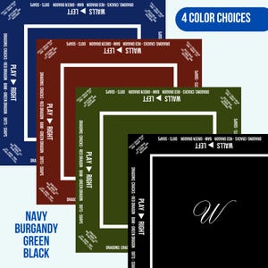 May include: Four square Mahjong mats in navy, burgundy, green, and black. Each mat features white borders and printed text including 'WALLS LEFT', 'PLAY RIGHT', and game rules like 'DRAGONS: CRACKS - RED DRAGON - BAM - GREEN DRAGON - DOTS - SOAPS'.