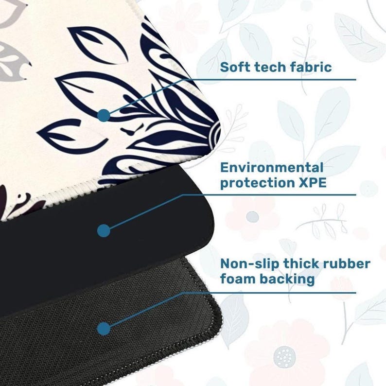 May include: A close-up of a mousepad with a floral design in navy blue and white. The mousepad has three layers: soft tech fabric, environmental protection XPE, and non-slip thick rubber foam backing.
