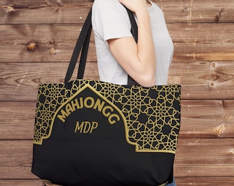 Art Deco Mahjong Bag Black and Gold, Mah Jongg Monogram Tote for Tiles Racks Cards and Coins, Mah Jongg Hostess Gift,Custom Mah Jong Bag