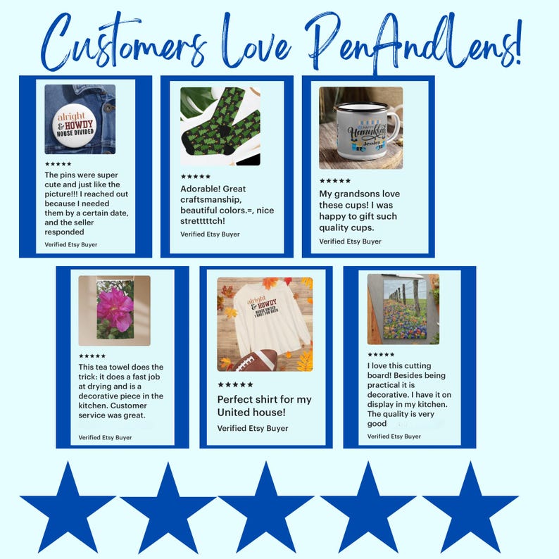 K&ouml;nnte beinhalten: Eine Collage von Kundenbewertungen f&uuml;r verschiedene Produkte. Die Bewertungen zeigen Bilder von einem Anstecker, Socken, einer Tasse, einem Geschirrtuch, einem Hemd und einem Schneidebrett. Der Text enth&auml;lt S&auml;tze wie "Entz&uuml;ckend! Tolle Handwerkskunst" und "Perfektes Hemd f&uuml;r mein United-Haus!"