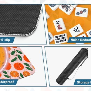 May include: A close-up of a black and white anti-slip surface. The image also shows a waterproof surface with an orange fruit design, a black storage bag, and mahjong tiles. The product is designed for noise reduction.