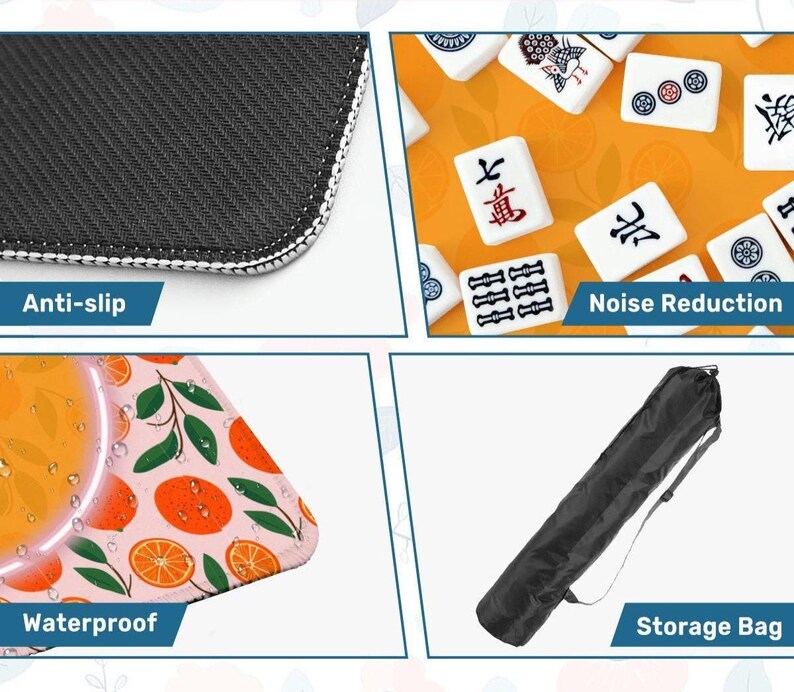 May include: A close-up of a black and white anti-slip surface. The image also shows a waterproof surface with an orange fruit design, a black storage bag, and mahjong tiles. The product is designed for noise reduction.