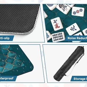May include: A four-panel collage showing a mahjong mat with a teal and gold quatrefoil pattern. Features include a black anti-slip textured underside, a surface that dampens tile noise, a waterproof top layer with water droplets, and a black storage bag.
