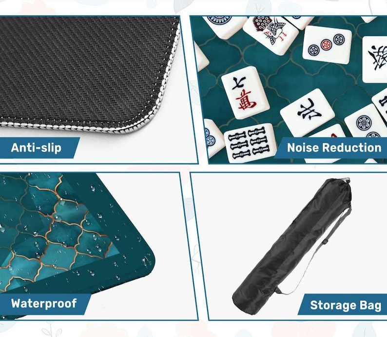 May include: A four-panel collage showing a mahjong mat with a teal and gold quatrefoil pattern. Features include a black anti-slip textured underside, a surface that dampens tile noise, a waterproof top layer with water droplets, and a black storage bag.