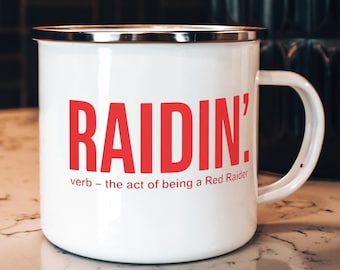 Aangepaste Texas Tech emaille mok cadeau | Rode Raider Pride-beker | Gepersonaliseerde afstudeerherinnering | Emaillen kampvuurmok van 12 oz