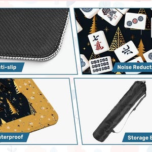 Pode incluir: Um tapete de mahjong com padr&atilde;o de &aacute;rvores em azul escuro e dourado, mostrado com base de borracha antiderrapante, superf&iacute;cie de redu&ccedil;&atilde;o de ru&iacute;do, material imperme&aacute;vel e uma bolsa cil&iacute;ndrica preta com al&ccedil;a para transporte.