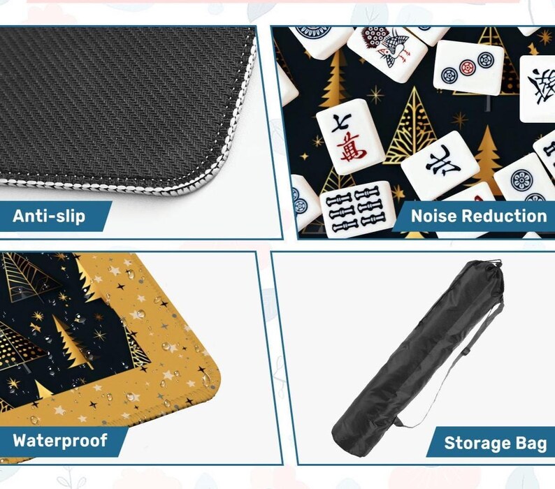 Pode incluir: Um tapete de mahjong com padr&atilde;o de &aacute;rvores em azul escuro e dourado, mostrado com base de borracha antiderrapante, superf&iacute;cie de redu&ccedil;&atilde;o de ru&iacute;do, material imperme&aacute;vel e uma bolsa cil&iacute;ndrica preta com al&ccedil;a para transporte.